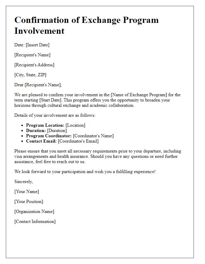 Letter template of confirmation for exchange program involvement