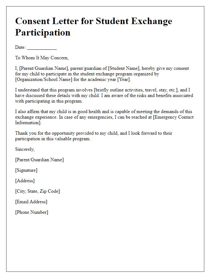 Letter template of consent for student exchange participation