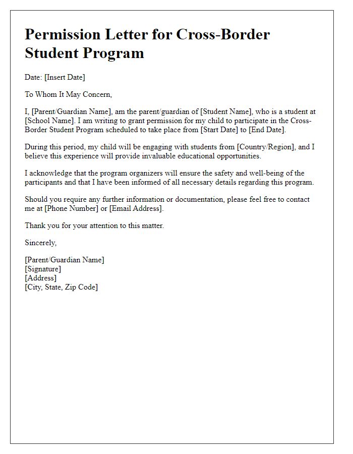 Letter template of permission for cross-border student program