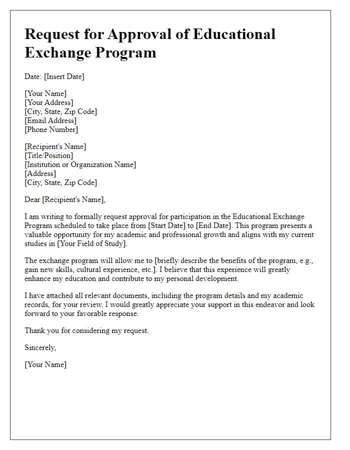 Letter template of request for educational exchange program approval