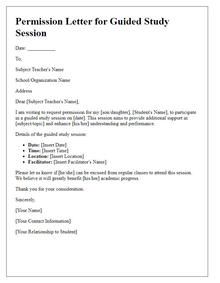 Letter template of permission for guided study session