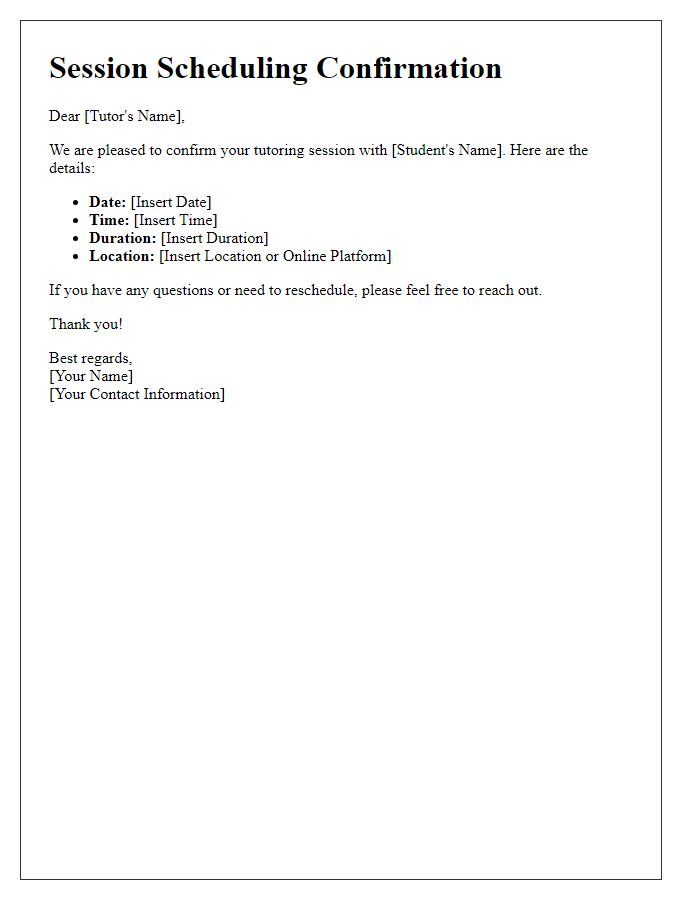 Letter template of session scheduling confirmation with tutor