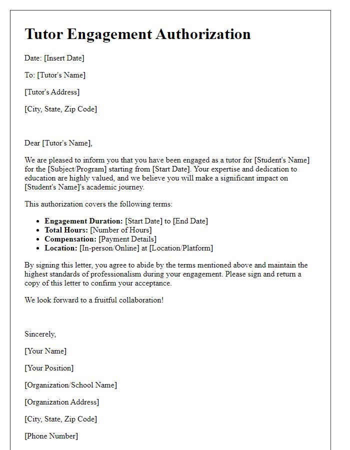 Letter template of tutor engagement authorization