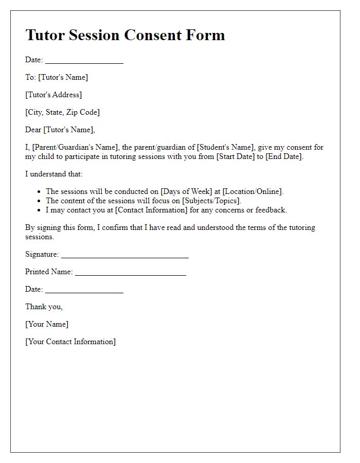 Letter template of tutor session consent form