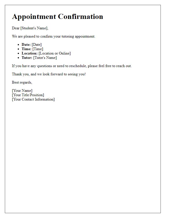 Letter template of tutoring appointment confirmation