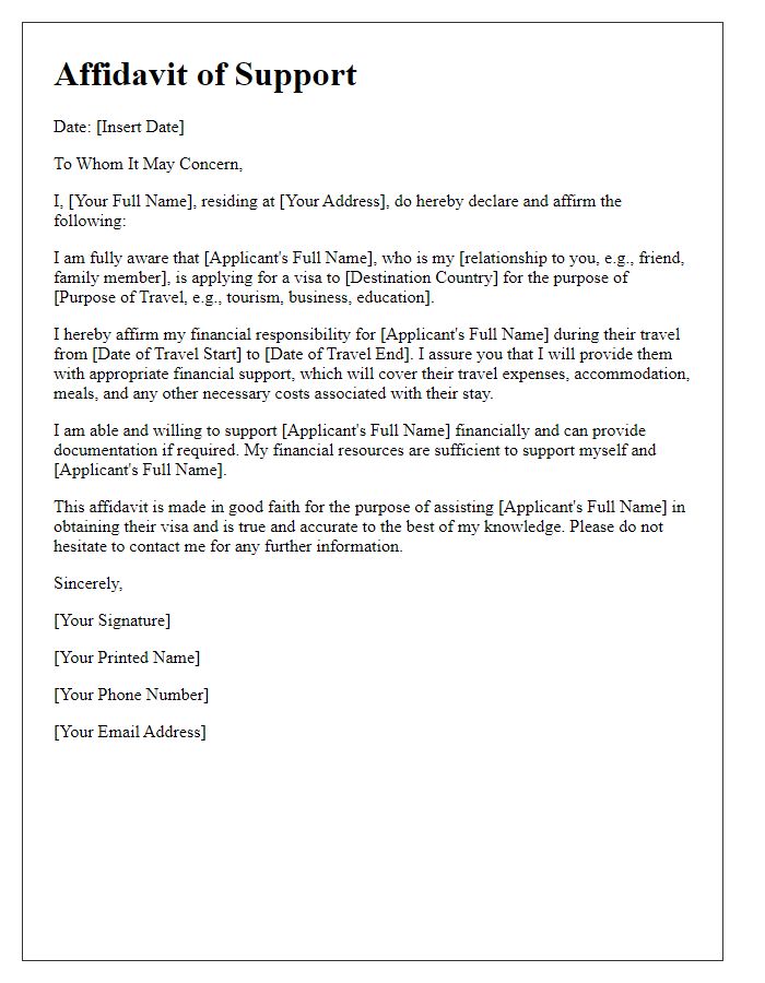 Letter template of affidavit for visa support during travel.