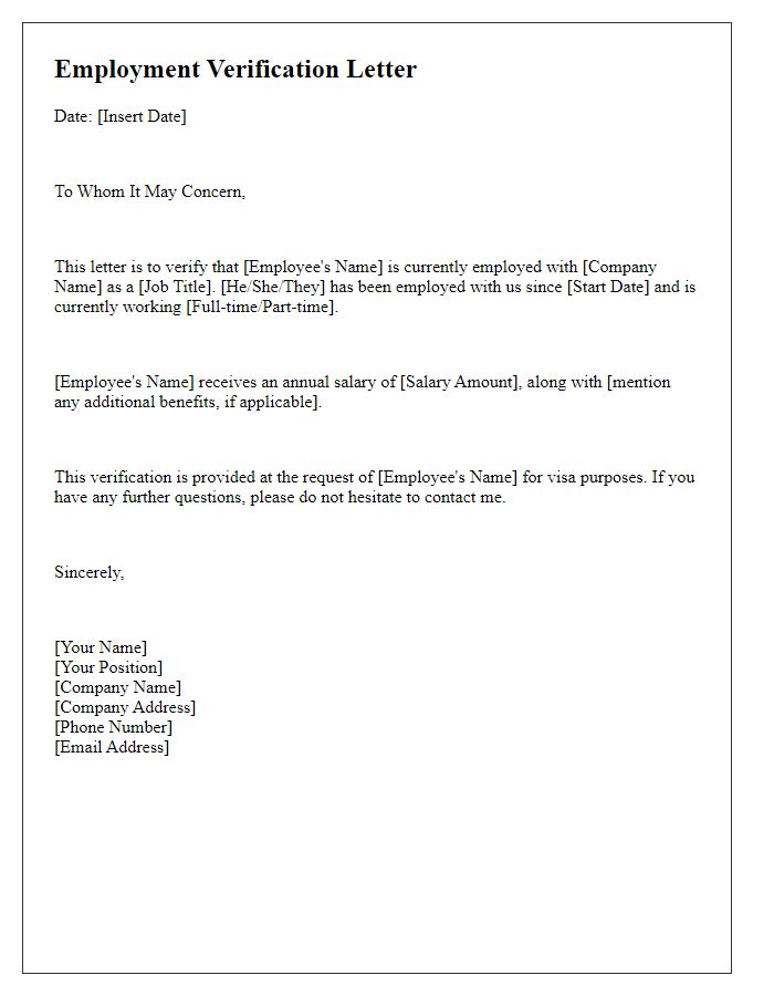 Letter template of employment verification for visa purposes.