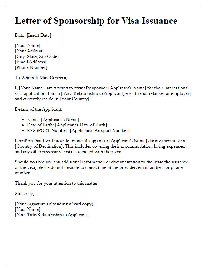 Letter template of sponsorship for international visa issuance.