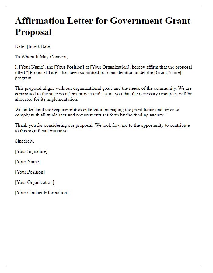 Letter template of affirmation for government grant proposal submission.