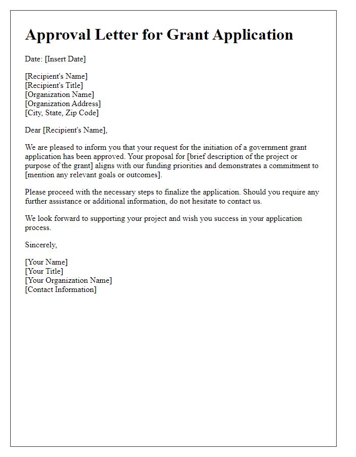 Letter template of approval for government grant application initiation.