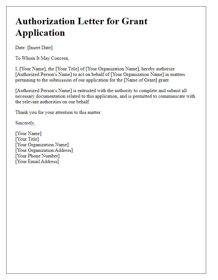 Letter template of authorization for government grant application submission.