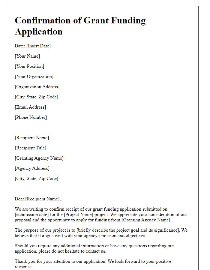 Letter template of confirmation for government grant funding application.