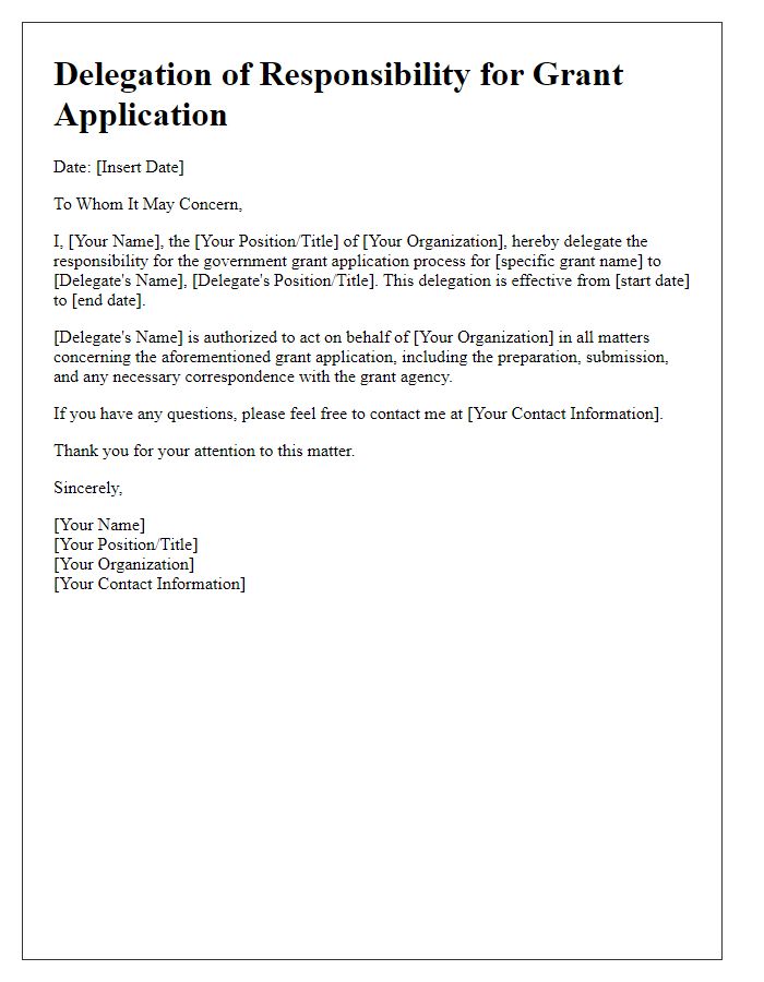 Letter template of delegation for government grant application responsibility.