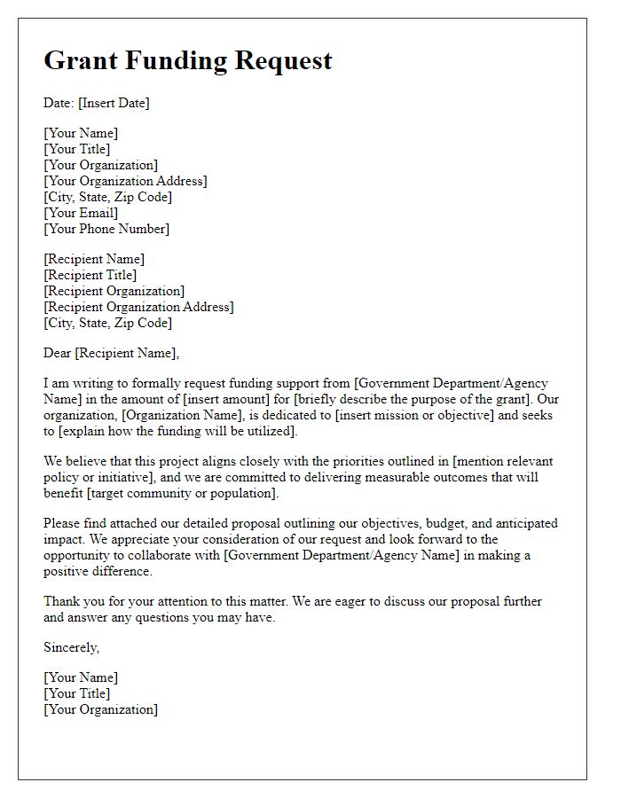 Letter template of representation for government grant funding request.