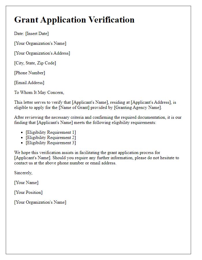 Letter template of verification for government grant application eligibility.