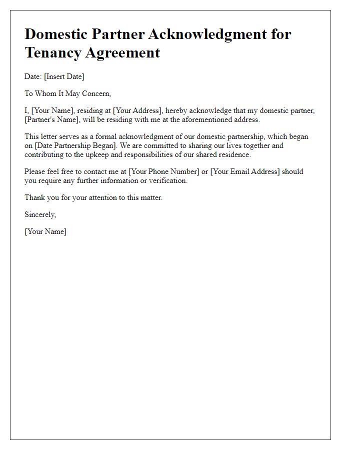 Letter template of domestic partner acknowledgment for tenancy agreements