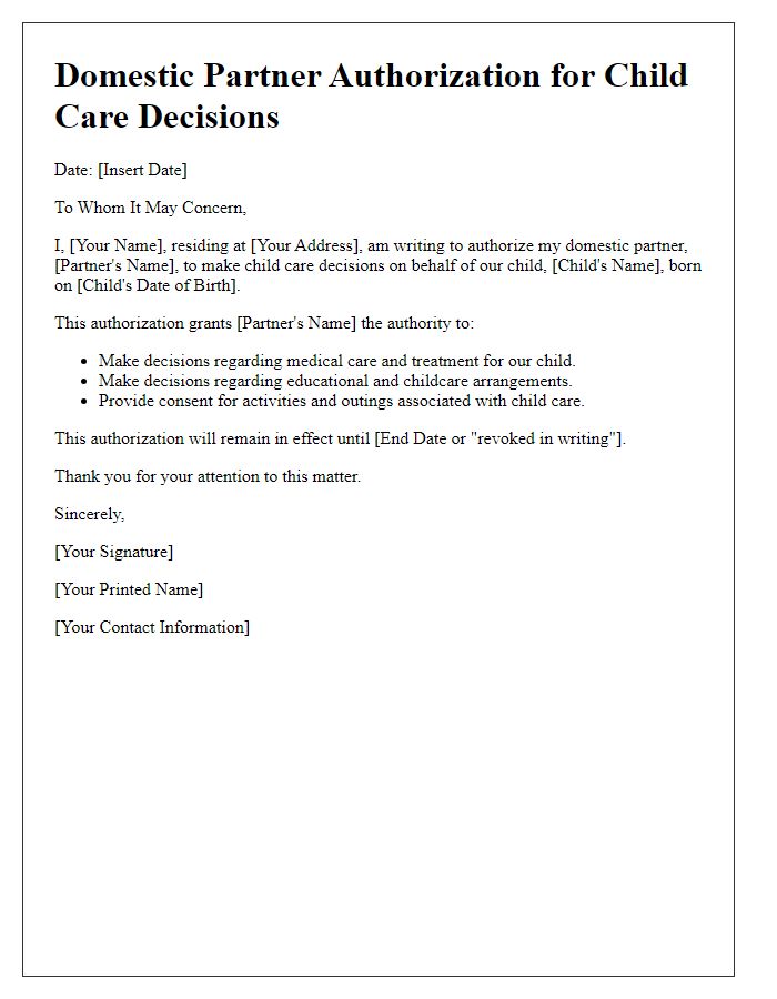 Letter template of domestic partner authorization for child care decisions