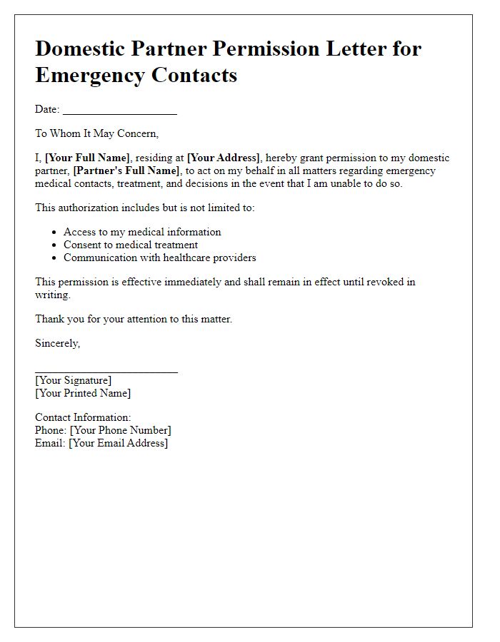 Letter template of domestic partner permission for emergency contacts