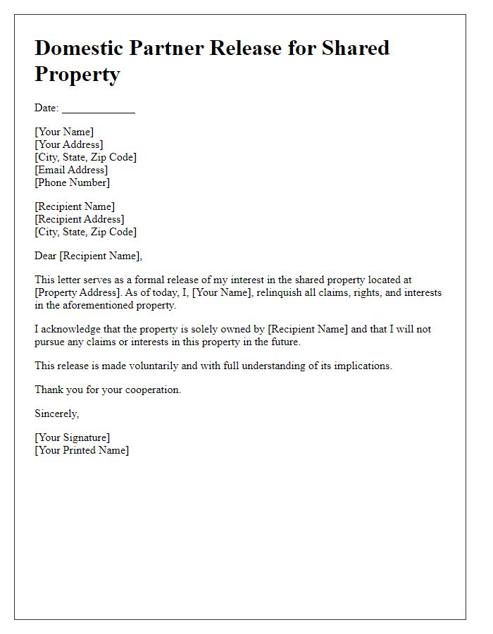 Letter template of domestic partner release for shared property