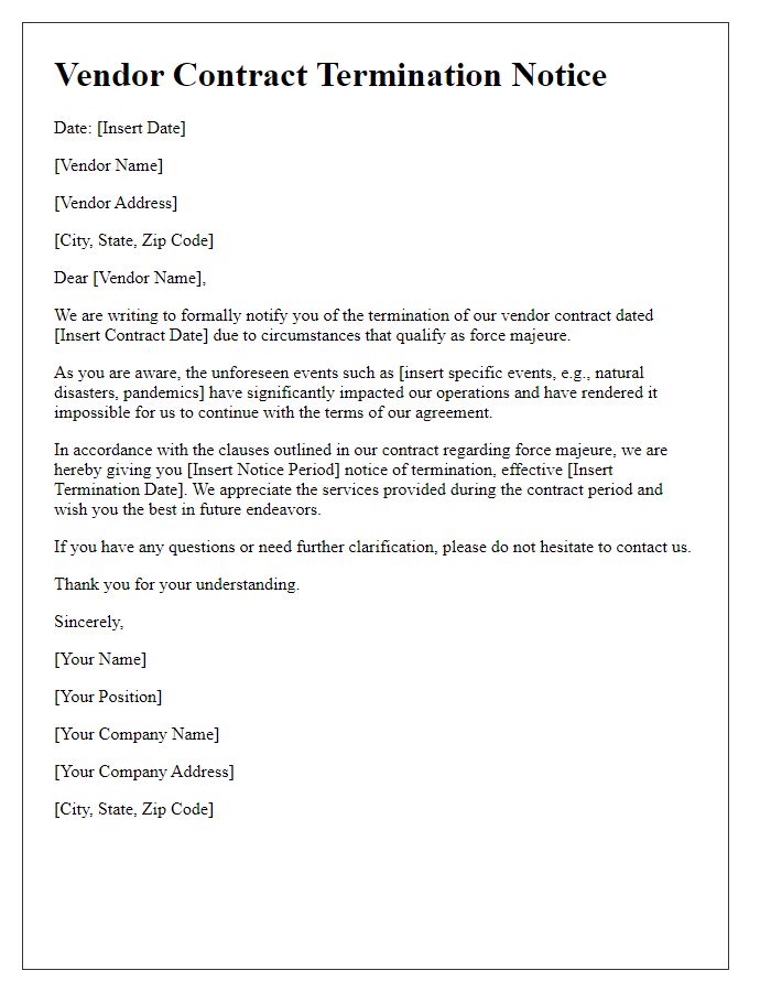 Letter template of vendor contract termination citing force majeure.