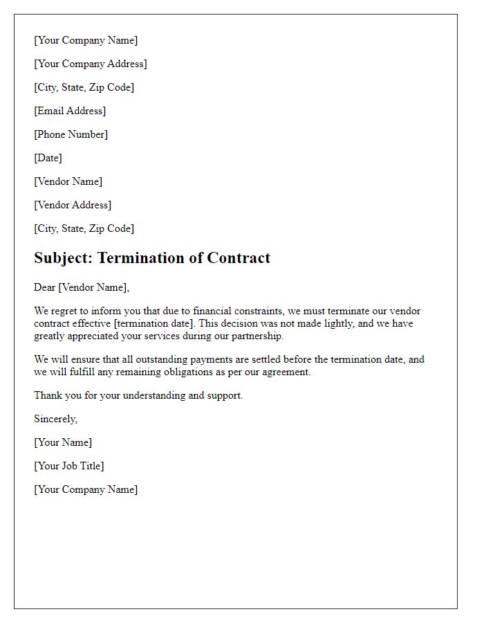 Letter template of vendor contract termination for financial reasons.