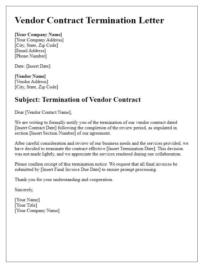 Letter template of vendor contract termination following a review period.