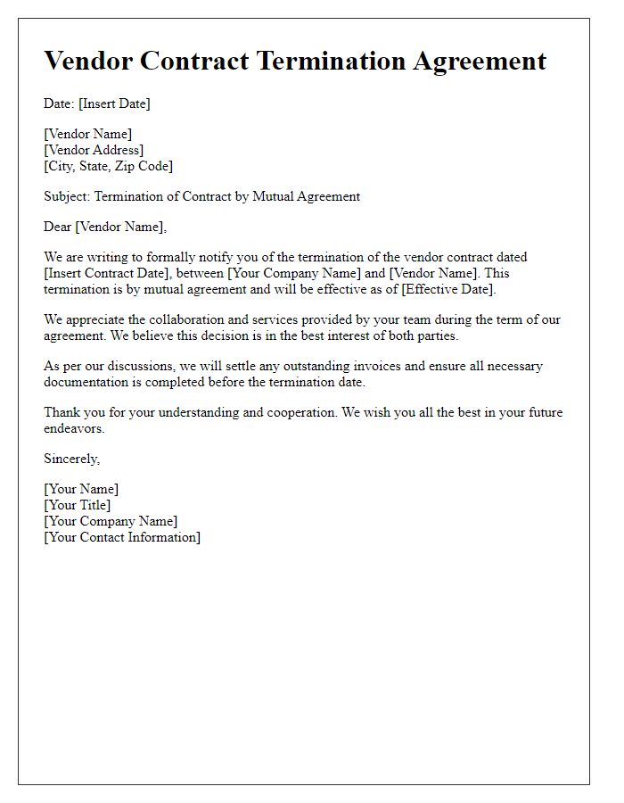 Letter template of vendor contract termination for mutual agreement.