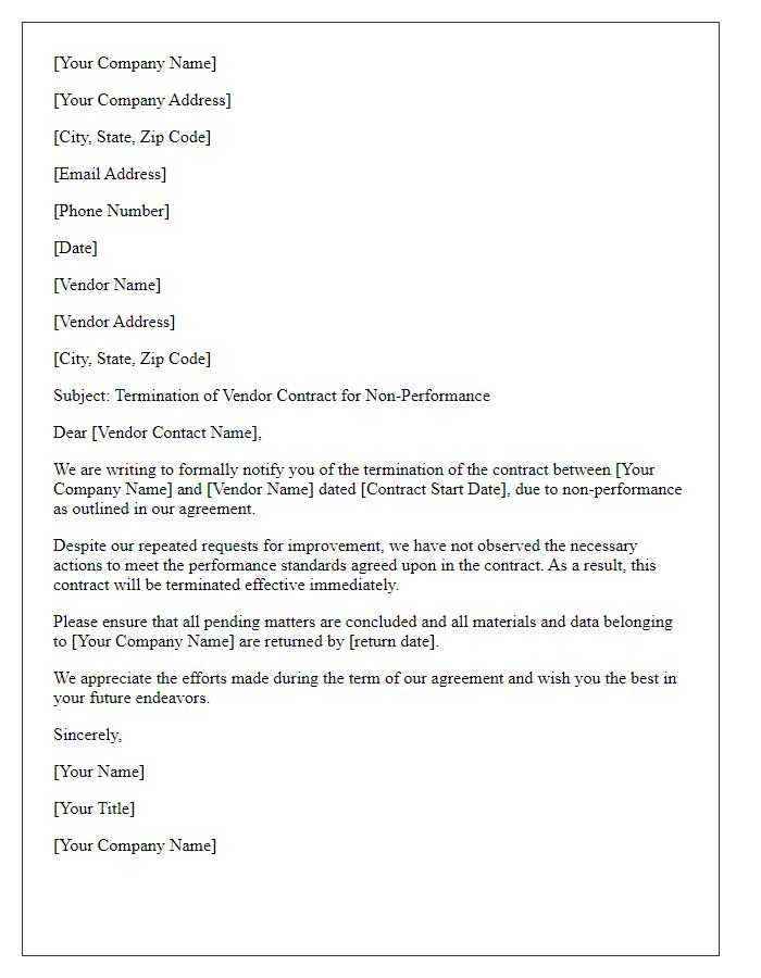 Letter template of vendor contract termination for non-performance.