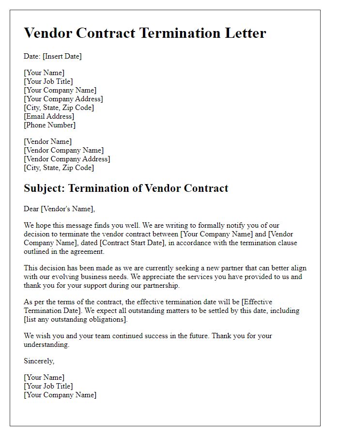 Letter template of vendor contract termination while seeking a new partner.