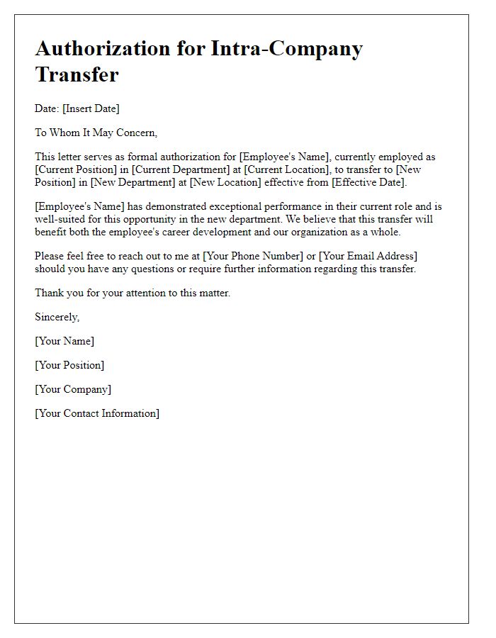 Letter template of authorization for employee intra-company transfer.