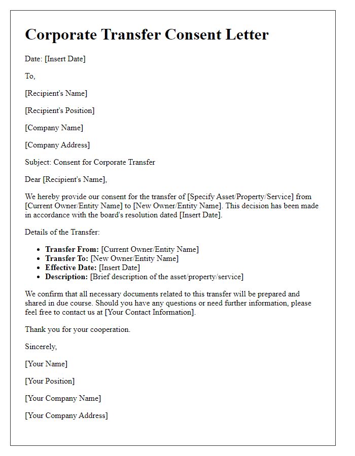 Letter template of corporate transfer consent.