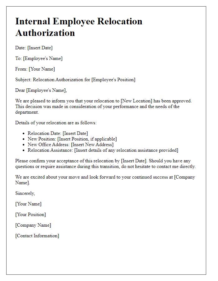 Letter template of internal employee relocation authorization.