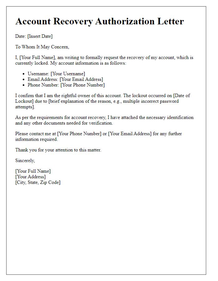 Letter template of online account recovery authorization for accessing locked accounts.