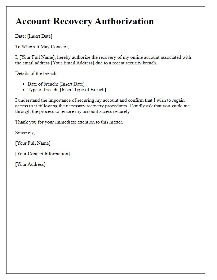 Letter template of online account recovery authorization for account access following breach.