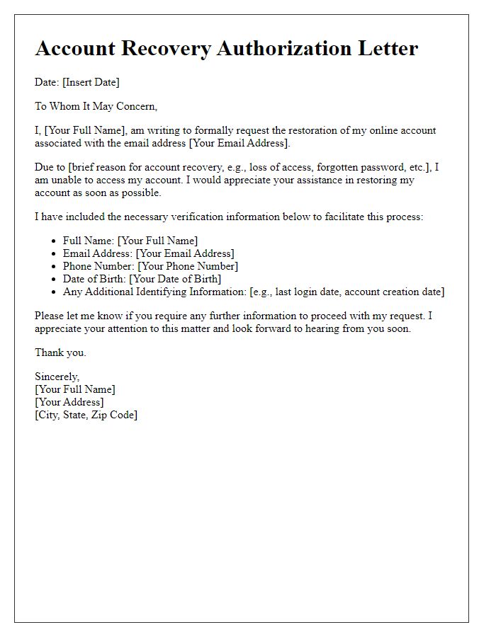 Letter template of online account recovery authorization for account restoration request.