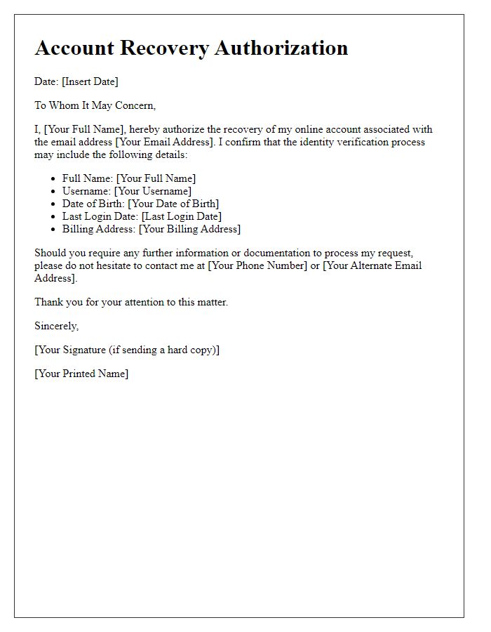 Letter template of online account recovery authorization for identity confirmation.
