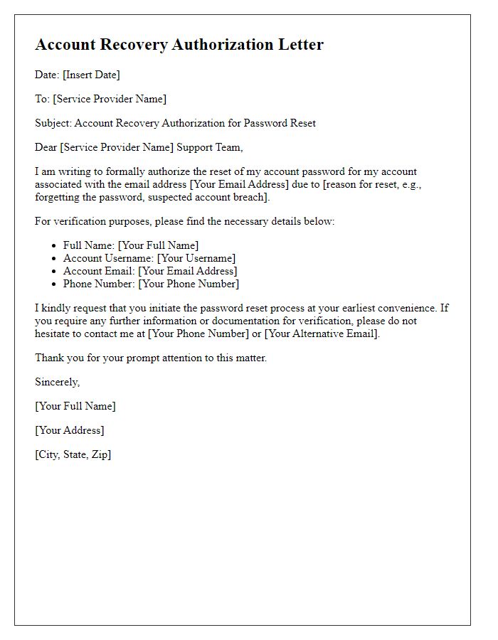 Letter template of online account recovery authorization for password reset.