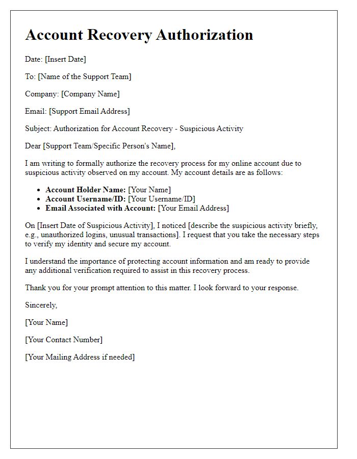 Letter template of online account recovery authorization for suspicious activity reporting.