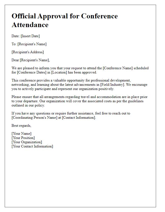 Letter template of official approval for worldwide conference attendance