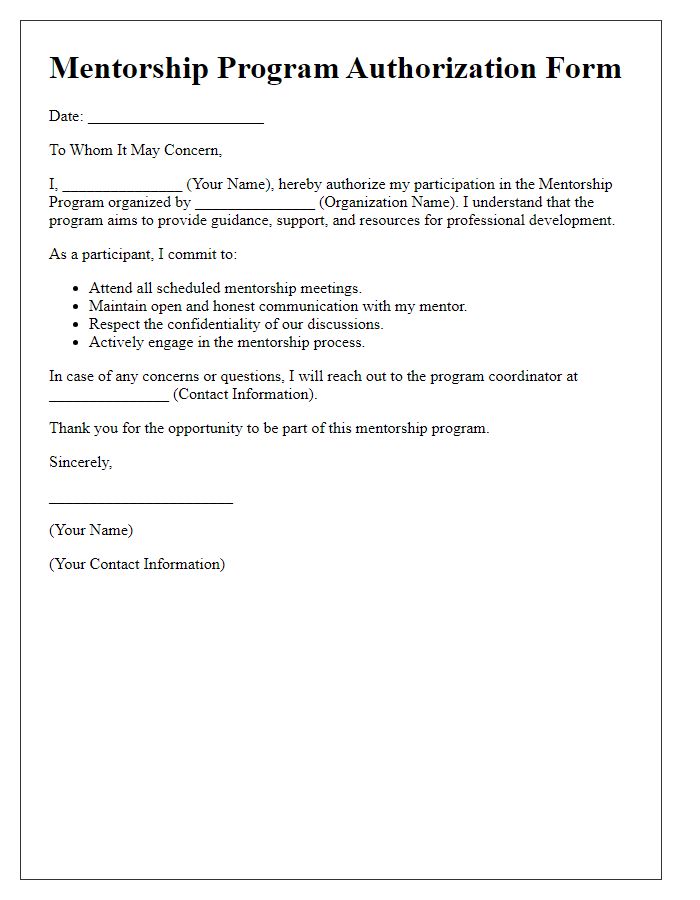 Letter template of mentorship program authorization form