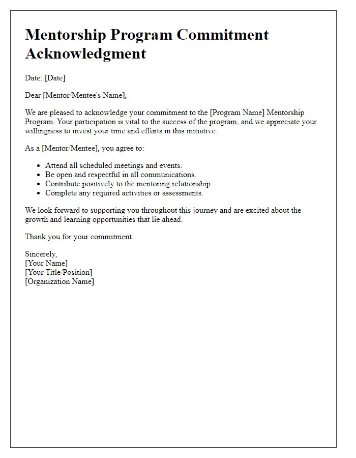 Letter template of mentorship program commitment acknowledgment