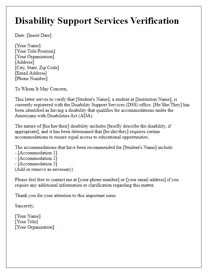 Letter template of disability support services verification