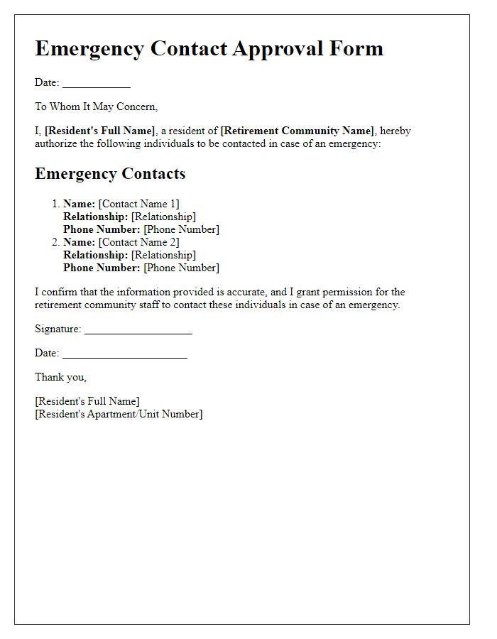 Letter template of retirement community emergency contact approval