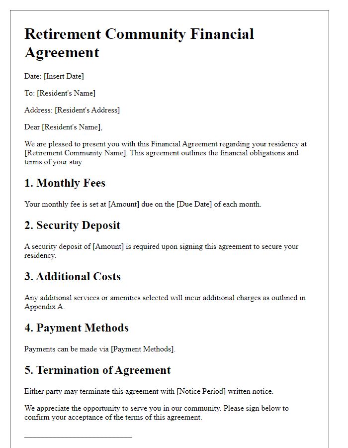 Letter template of retirement community financial agreement