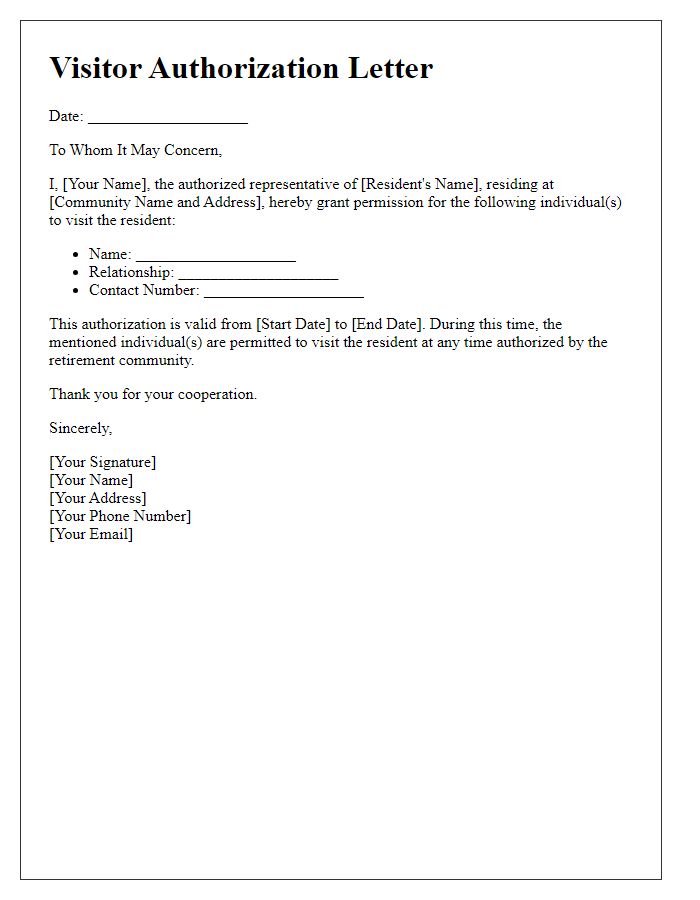 Letter template of retirement community visitor authorization