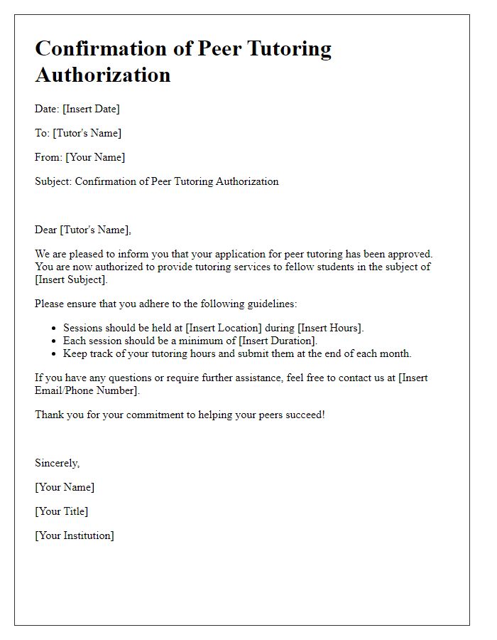 Letter template of confirmation for peer tutoring authorization