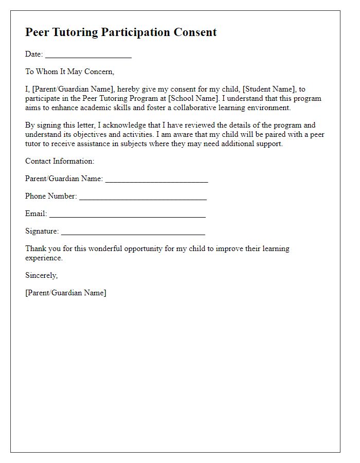 Letter template of consent for peer tutoring participation