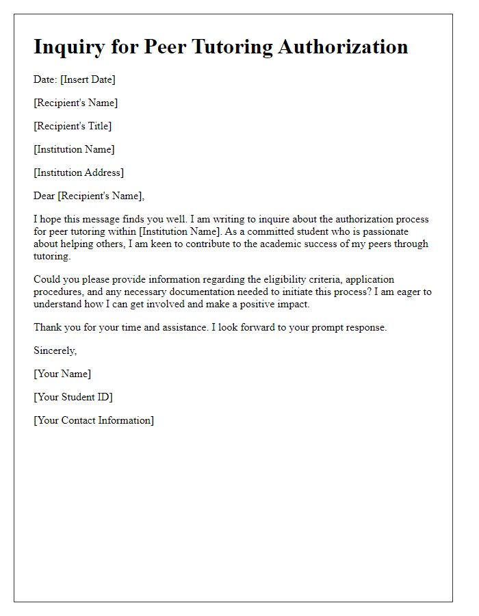 Letter template of inquiry for peer tutoring authorization