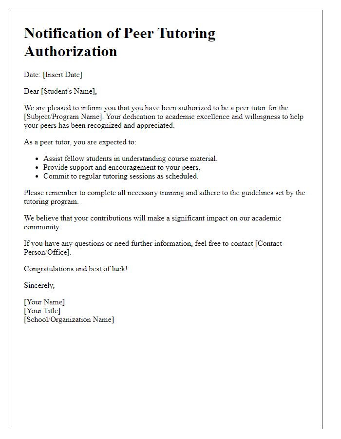 Letter template of notification for peer tutoring authorization