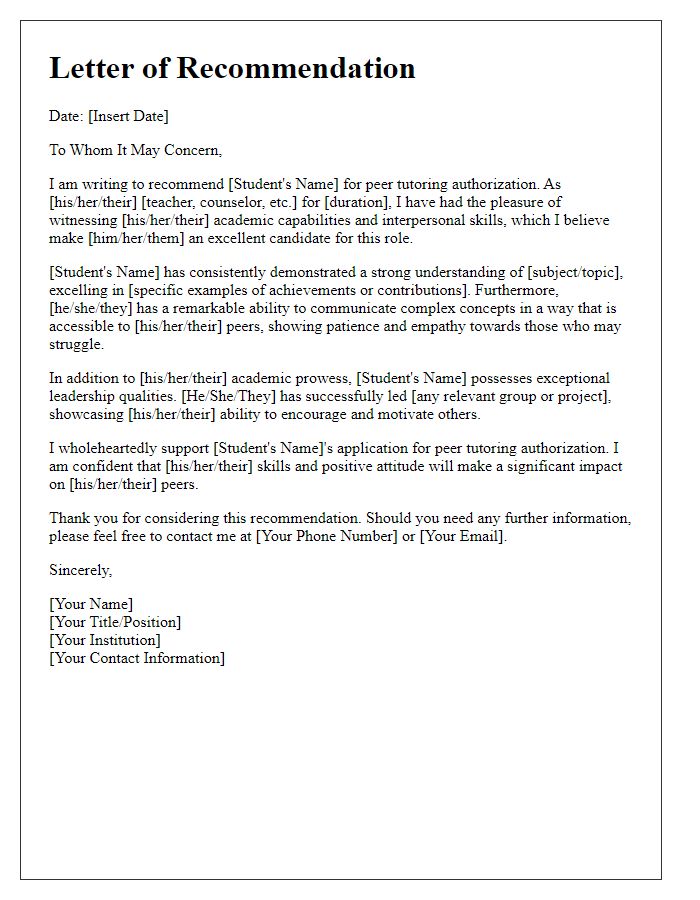 Letter template of recommendation for peer tutoring authorization